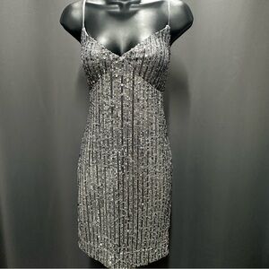 Glamorous Statement Silver Sequin Strappy Mini Dress with Flattering Fit NWT Med